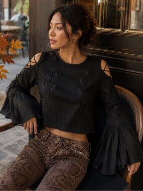 Alice McCall A Love Like That Black Embroidered Bell Sleeve Top XS / US 0